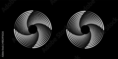 White vector halftone dots in spiral form. Geometric art. Segmented circle. Circular shape. Trendy design element for border frame, round logo, tattoo, sign, symbol, badge, emblem, web pages Format Ve