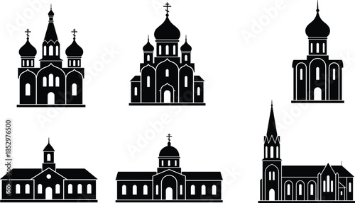 Black Silhouette Orthodox Church Icon Set Featuring Cathedral Buildings with Domes and Crosses, Ideal for Religion, Architecture, and Faith Design Projects