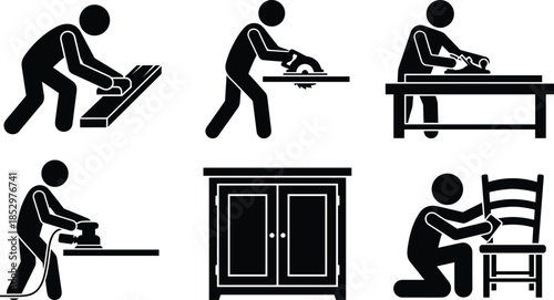 Carpentry and Woodworking Silhouette Icons Showing Craftsman Using Hand Tools, Furniture Making Process, DIY Workshop Activities, and Professional Construction Skills