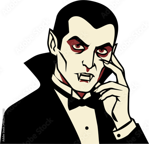Elegant Vampire Count Dracula Character Illustration, Pensive Dracula in Tuxedo with Bow Tie and Red Eyes for Halloween Theme