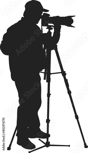 Professional photographer silhouette using telephoto camera on tripod for studio photography videography media production isolated vector illustration white background design