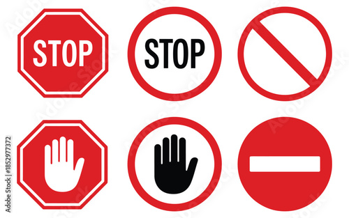 Stop traffic icon set, restrictive and warning signs isolated on white background, flat style vector illustration, motion stop icons for traffic safety, caution