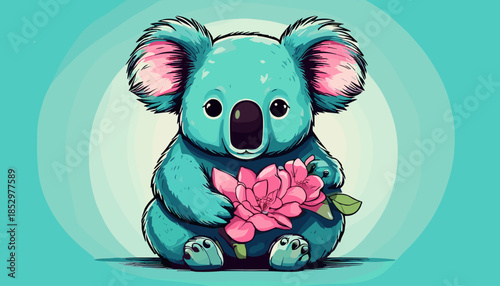 Adorable Teal Koala Holding Pink Flower in Cartoon Style.