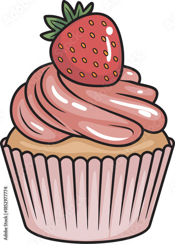 A tasty pink cupcake with frosting and fresh strawberry topping, dessert illustration, bakery pastry design, sweet food concept, confectionery and celebration themed artwork.