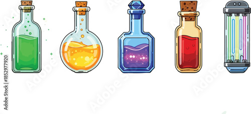 Magic Potion Bottles Fantasy Illustration – Colorful Glass Vials with Glowing Liquids, Alchemy Game Icon Vector Set