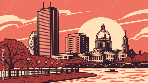 Boston skyline showcases the city in its glorious view, perfect for travel guides, city promotions, and commercial advertisement backgrounds.