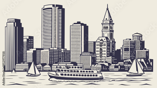 Boston skyline with boats in foreground, showcasing the vibrant city by the water. Ideal for travel brochures, city guides, and promotional materials.