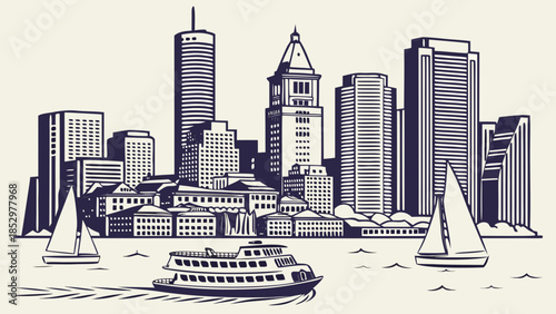 Boston skyline waterfront with boats, suitable for travel blogs, publications, or designs needing a cityscape with maritime elements.