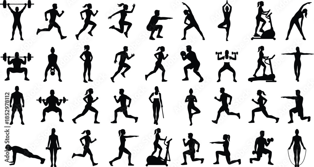 Fitness exercise silhouette collection featuring men and women running, weightlifting, yoga, cardio training, and gym workouts in black flat icon style