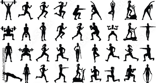 Fitness exercise silhouette collection featuring men and women running, weightlifting, yoga, cardio training, and gym workouts in black flat icon style