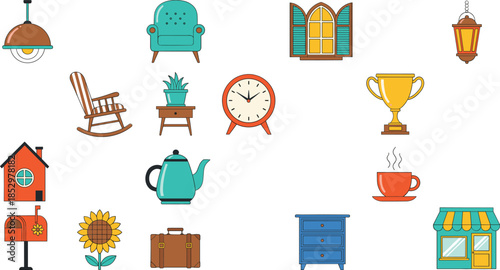 Cute flat vector illustration set with home furniture decor objects clock teapot coffee and cozy lifestyle elements