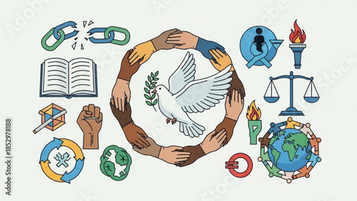 Diverse hands forming a circle around a white dove with olive branch, surrounded by symbols of peace