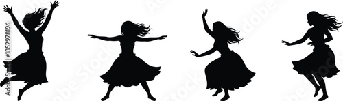 Graceful female dancer silhouettes twirling and jumping in flowing dresses, expressive contemporary dance poses isolated on white background illustration