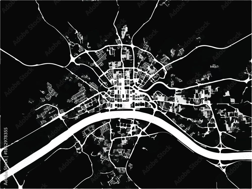 Obraz premium Minimalist Black and White City Map Vector Graphic with River and Roads Top View