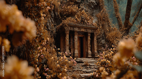 Ancient ruins stand in an enchanted forest surrounded by vibrant spring flowers and lush foliage, evoking a sense of magic and mystery