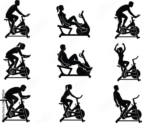 Indoor cycling silhouettes of men and women on stationary bikes, spin class fitness workout poses isolated illustration