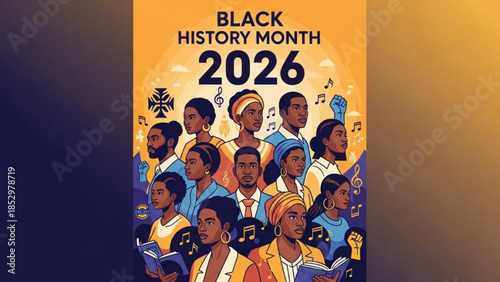 Black history month 2026 celebration poster with diverse group of people