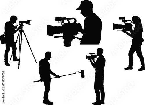 Professional video camera crew silhouettes filming with cameras microphones and tripods isolated vector illustration for media journalism stock design