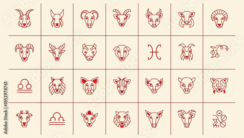 A collection of various animal head icons, including goats, rams, and other creatures, presented in a grid layout.