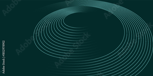 Abstract geometric lines glowing on a dark green background. Futuristic technology concept with modern sparkling green circular lines.