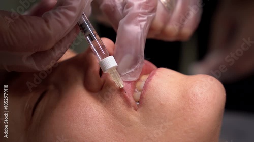 Beautician doctor makes botulinum toxin injection in the lips of young beautiful woman. Colorcorrected 4k shot