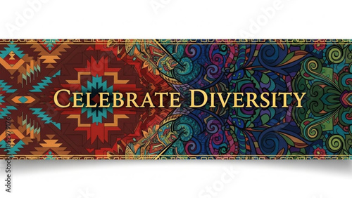 Vibrant celebrate diversity banner with aztec and paisley patterns in red blue green yellow
