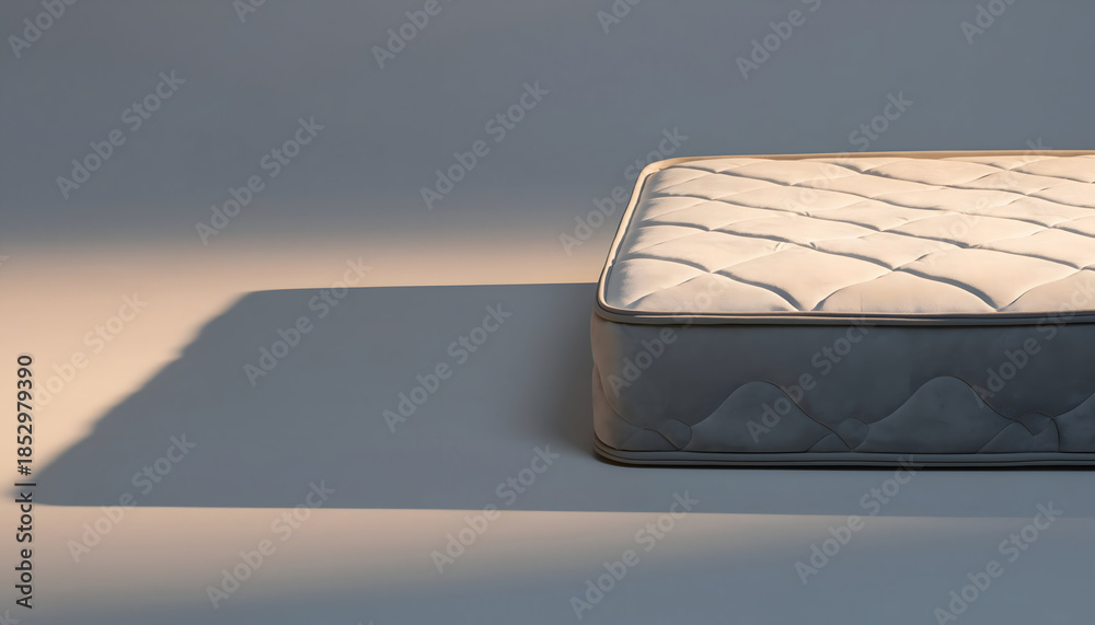 Fototapeta premium Orthopedic Mattress With White Fabric Cover And Gray Sides Casts Long Shadow In Warm Sunlight Side View Close Up
