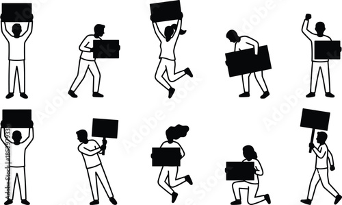 People Protest Silhouette Set Showing Men and Women Holding Blank Signs in Various Poses for Activism Demonstration and Social Movement Concepts