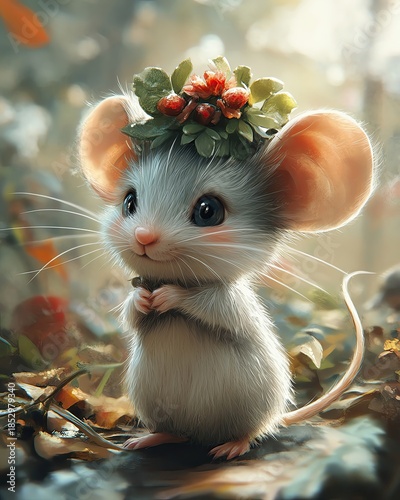 Cute rat holding cheese and a small gift on a white background