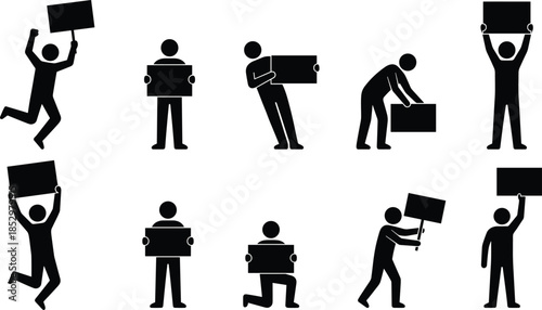 Protest and Demonstration Silhouette People Holding Blank Signs Collection Black Human Figures Showing Activism Movement Communication and Public Expression Concepts