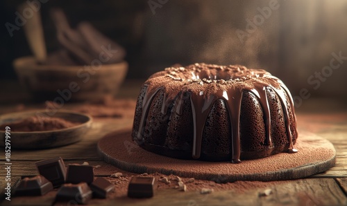 Freshly baked chocolate cake drizzled with rich ganache, placed on a wooden table with a scattering of cocoa powder and soft warm light