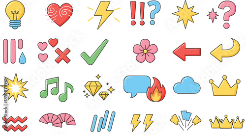 Cute hand drawn symbols and icons vector set with hearts arrows crowns music lightning and decorative elements