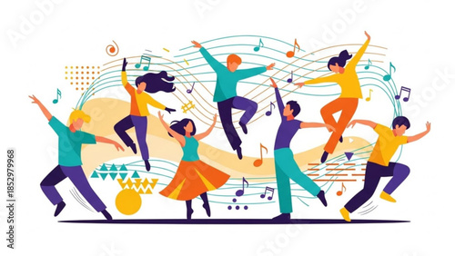 Seven people dancing joyfully with music notes around them in a lively scene
