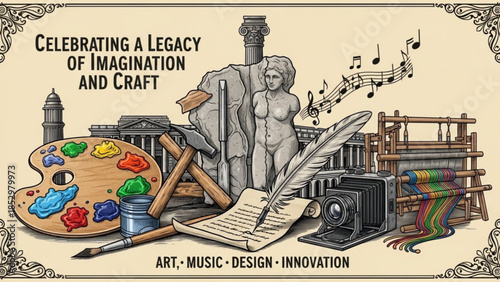 Celebrating legacy of imagination and craft with art supplies, music notes, statue, and design elements