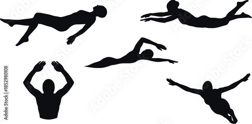 Swimming silhouettes showing freestyle, diving and floating body positions, professional swimmer poses isolated on white background illustration set