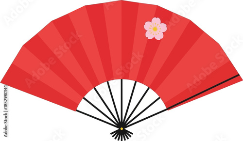 Traditional Japanese red folding fan with delicate cherry blossom illustration.