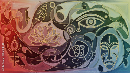 Vibrant abstract artwork featuring a stylized face, lotus flower, eye, and symbolic shapes in swirling