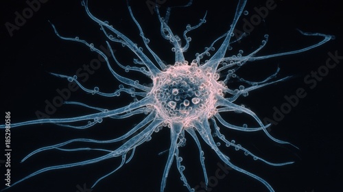 Close up view of a neuron cell or virus. Microscopic biological organism for scientific research and medical concept. Closeup nerve macro view on black isolated background.