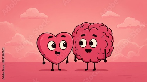 Cartoon heart and brain character standing together against a pink background with clouds. Concept art illustration of emotion and logic balance. Friendship, health and mental wellbeing concept.