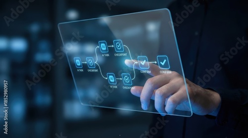 Wallpaper Mural Hand interacting with transparent tablet displaying a digital workflow interface AI Human Oversight concept Torontodigital.ca