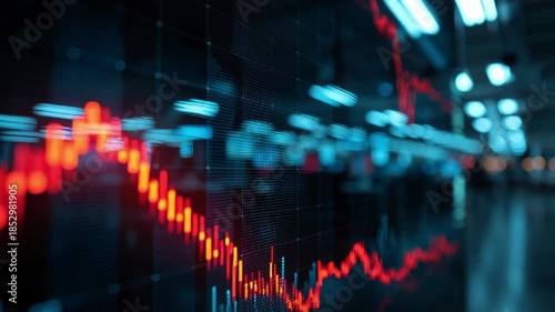 Abstract digital graph showing a downward trend in red against a blurred blue background representing financial market decline and economic instability