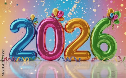Festive new year celebration of 2026 with colorful balloon numbers and confetti isolated on transparent background