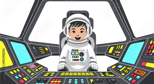 Cartoon astronaut boy sitting in spaceship cockpit with colorful control panels and screens.