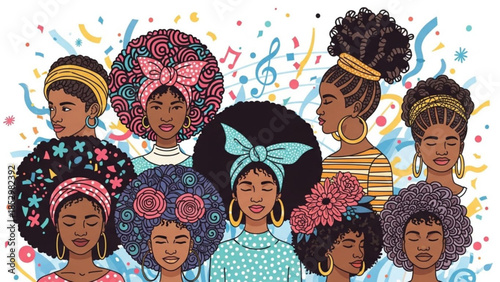 Diverse group of beautiful black women with various hairstyles and head wraps smiling and celebrating