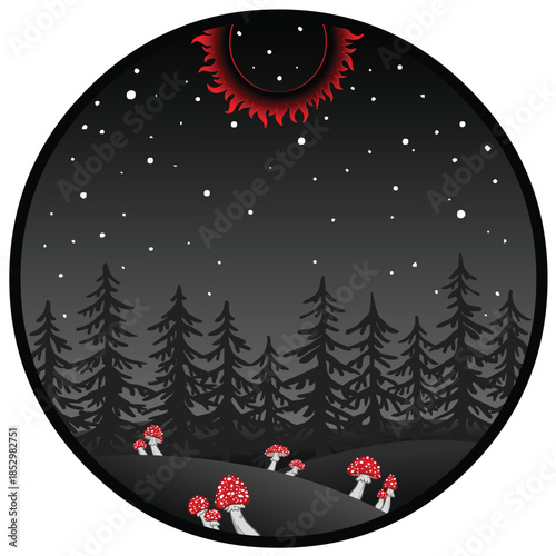 Mystical landscape: night forest, mushrooms, comet. Vector illustration.