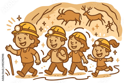 Cave Exploration Adventure. Joyful doodle cave exploration with smiling tourists, cartoon headlamps, cheerful guided paths, and