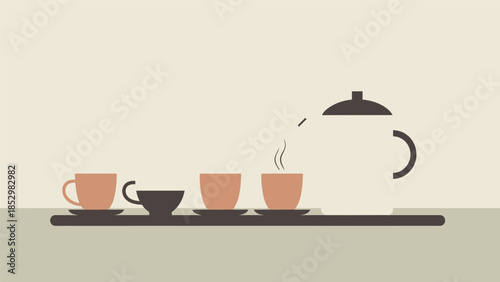 Minimalist illustration of a teapot pouring hot tea into cups on a table.