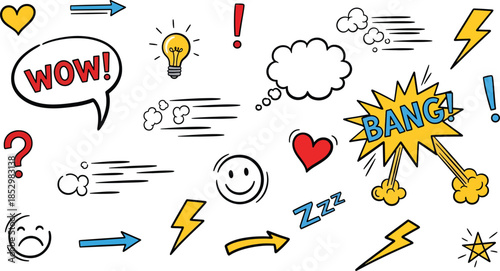 Colorful Comic Pop Art Speech Bubbles and Action Elements Set Including Wow Bang and Lightning Bolt Symbols for Creative Storytelling Design