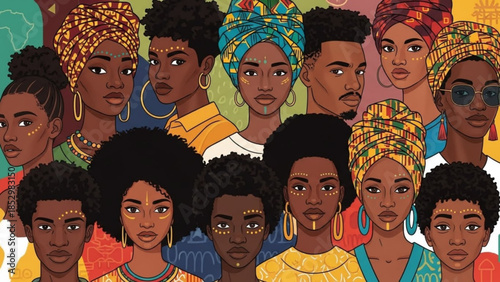 Diverse group of african american people with colorful head wraps and jewelry looking forward in unity