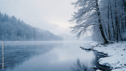 Serene Winter Landscape: Tranquil river scene with snow-covered trees and misty atmosphere